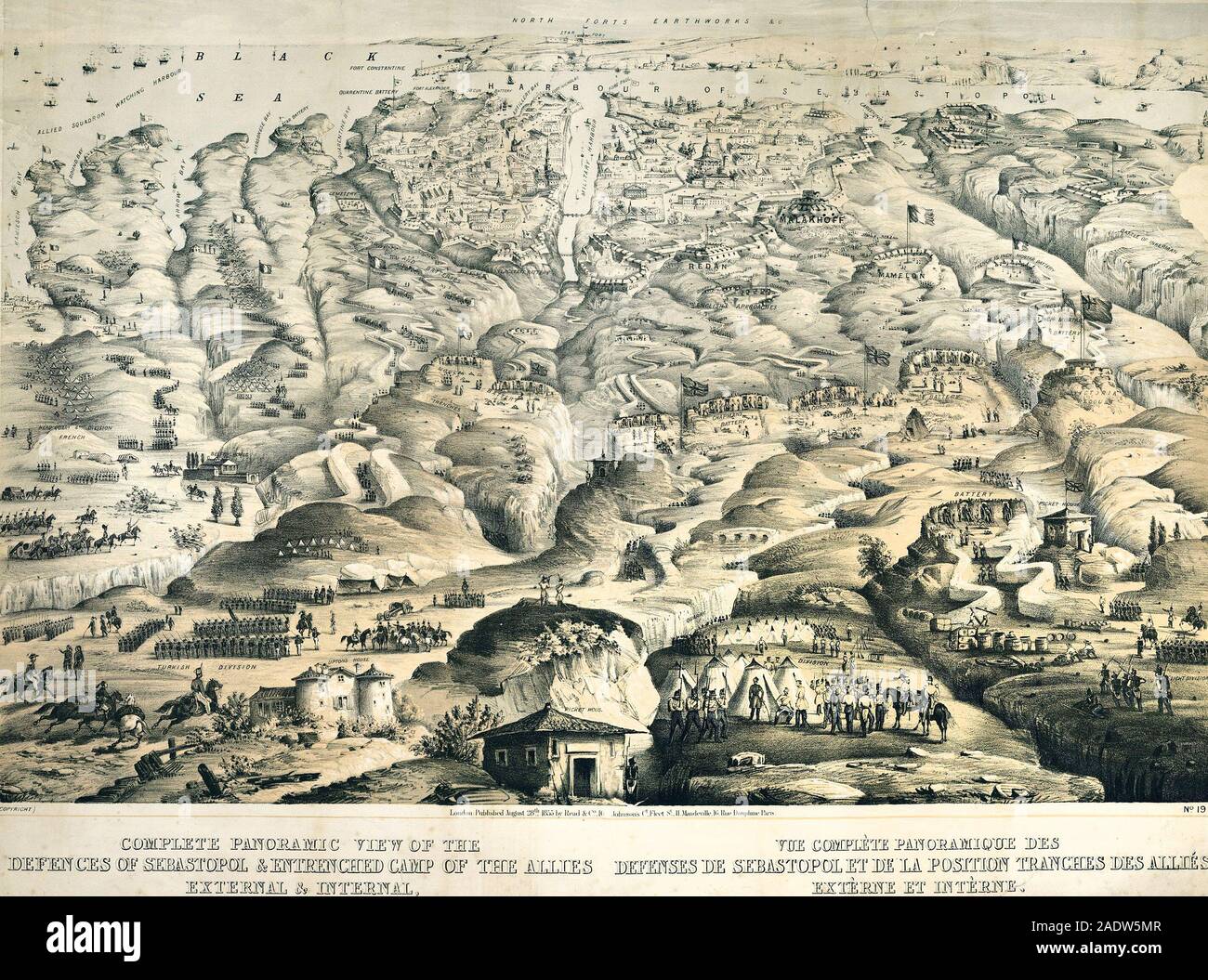 La guerre de Crimée (1853-1856). Vue panoramique complète de la défense de Sébastopol et camp retranche des alliés externes et internes. Lithographie du xixe siècle. Banque D'Images