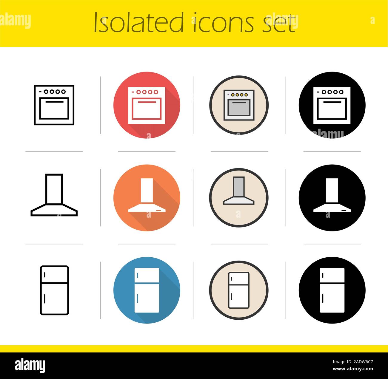 Cuisine intérieur icons set. Modèle plat, linéaire, noir et couleurs. Hotte, réfrigérateur, cuisinière. Illustrations vectorielles Illustration de Vecteur