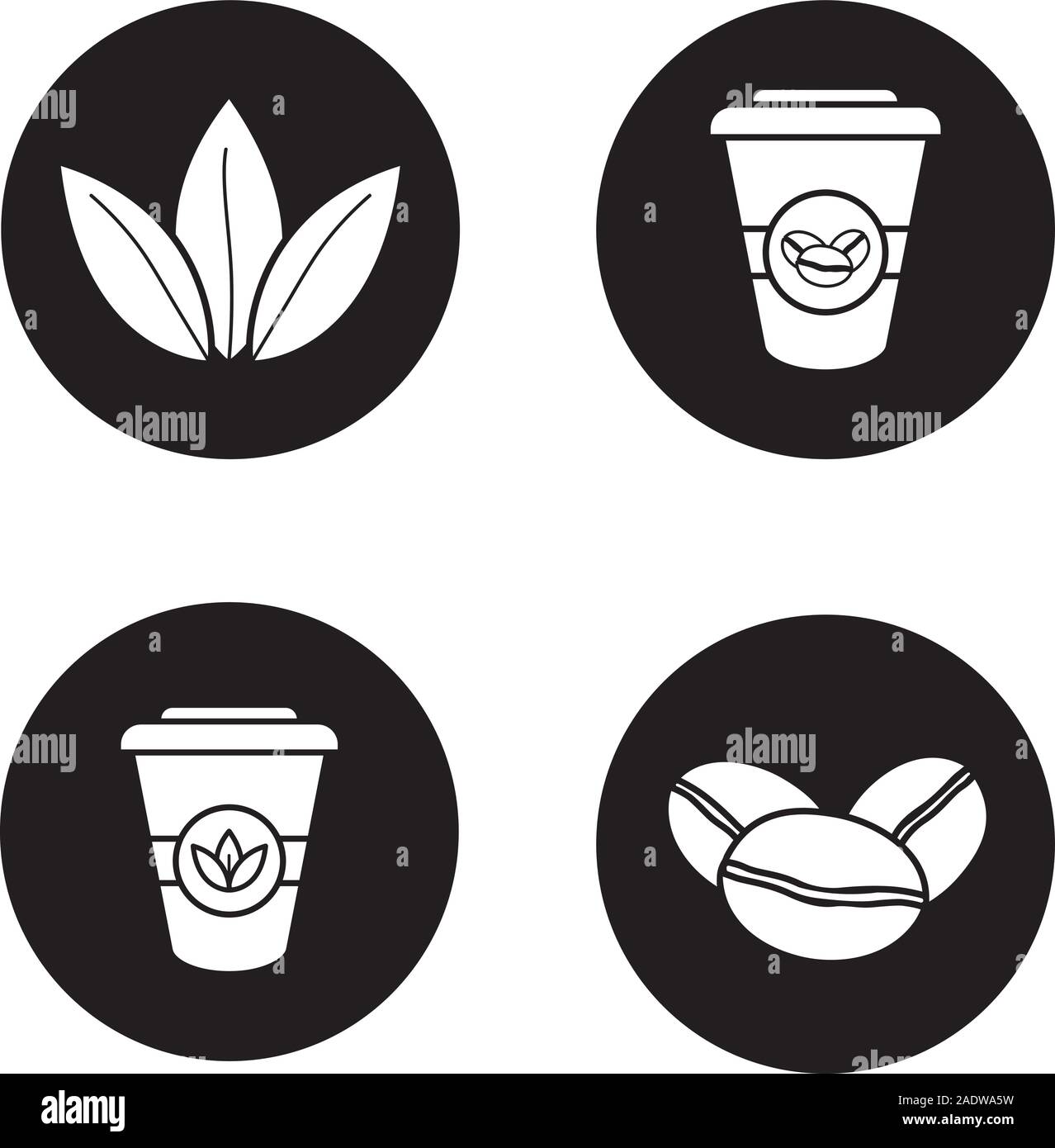 Un plateau/bouilloire icons set. Les grains de café torréfié, de feuilles de thé et de gobelets en papier jetables. Vector silhouettes blanc illustrations de cercles noirs Illustration de Vecteur