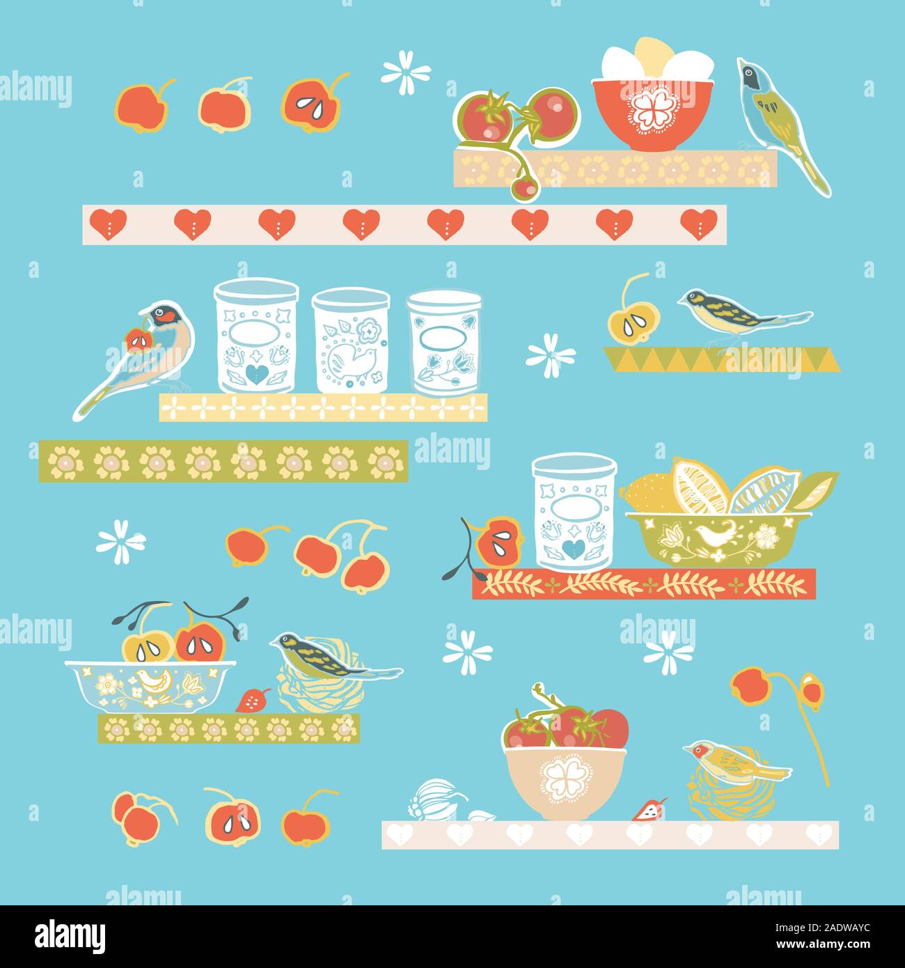 Retro Vintage heureux vecteur illustration set. cuisine Icon Set. Ustensile de cuisine vintage colorés de style art populaire sur fond bleu. Tissu, papier peint, l'emballage, l'impression. Hipster vintage cuisine design. Illustration de Vecteur