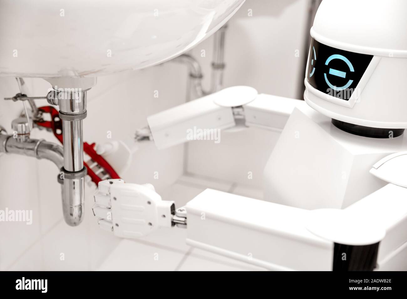 Le robot de service autonome de fixation est quelque chose dans la salle de bain, avec une clé à tube sous le lavabo Banque D'Images