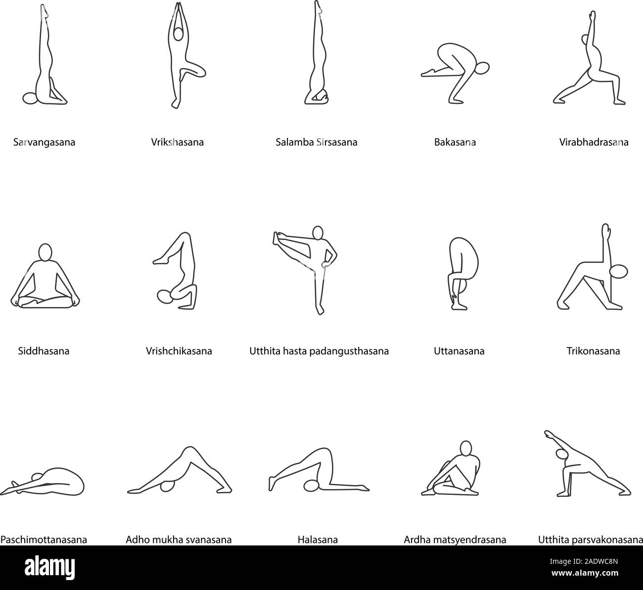 Postures de yoga icons set linéaire. Sarvangasana, halasana, bakasana, uttanasana, siddhasana, vrikshasana, trikonasana, virabhadrasana. Fine ligne sym contour Illustration de Vecteur