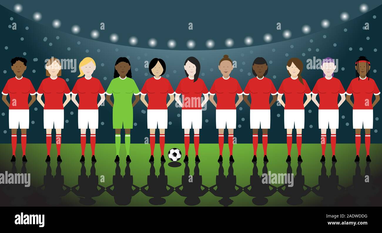 Line up de onze joueuses de soccer multinationales en rouge kit en stade de football. Fichier EPS disponible. Illustration de Vecteur