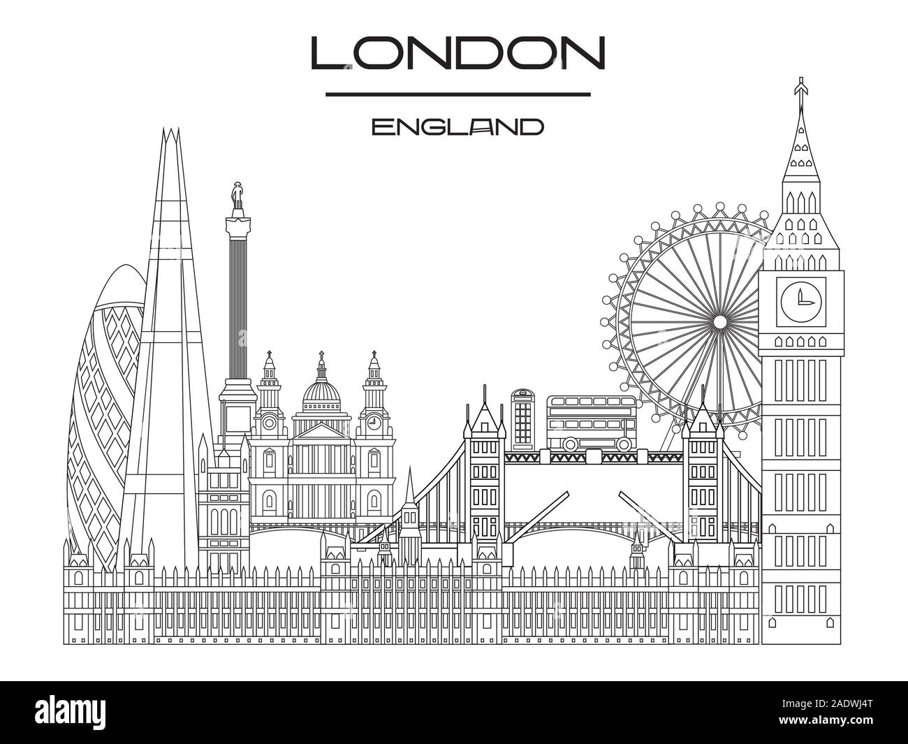 Ligne vectorielle Illustration de l'art monuments de Londres, en Angleterre. London city skyline vector illustration monochrome isolé sur fond blanc. Londres Illustration de Vecteur