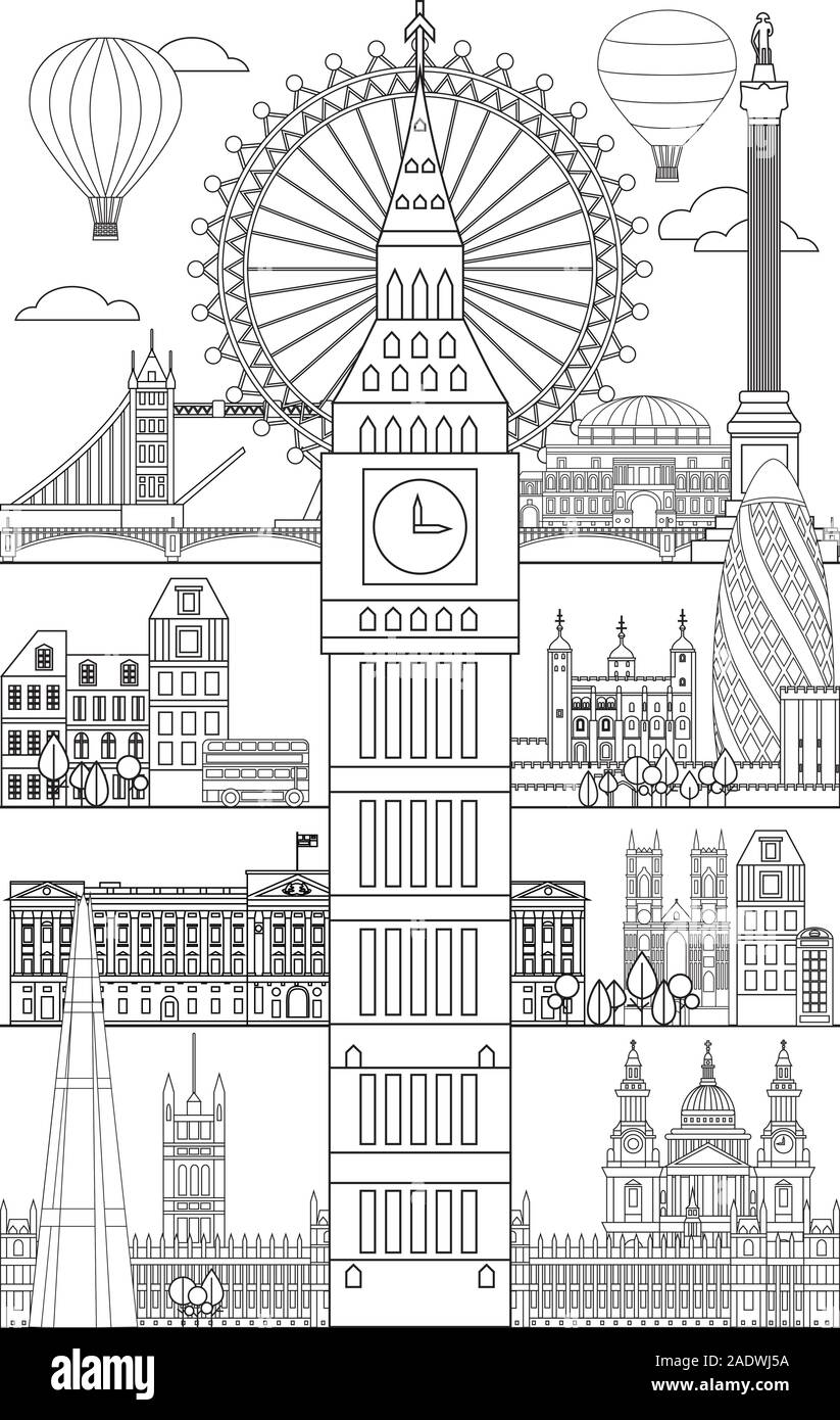 Ligne vectorielle Illustration de l'art monuments de Londres, en Angleterre. London city skyline vector illustration monochrome isolé sur fond blanc. Londres Illustration de Vecteur