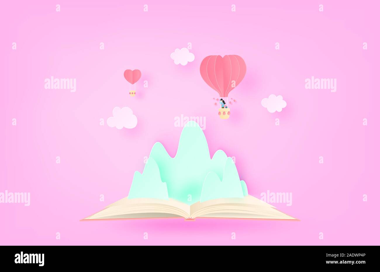 Illustration de l'amour. Forme de coeur hot air balloon flottant au-dessus de montagne à livre ouvert dans un papier coupé style. Du papier craft numérique art. Illustration de Vecteur