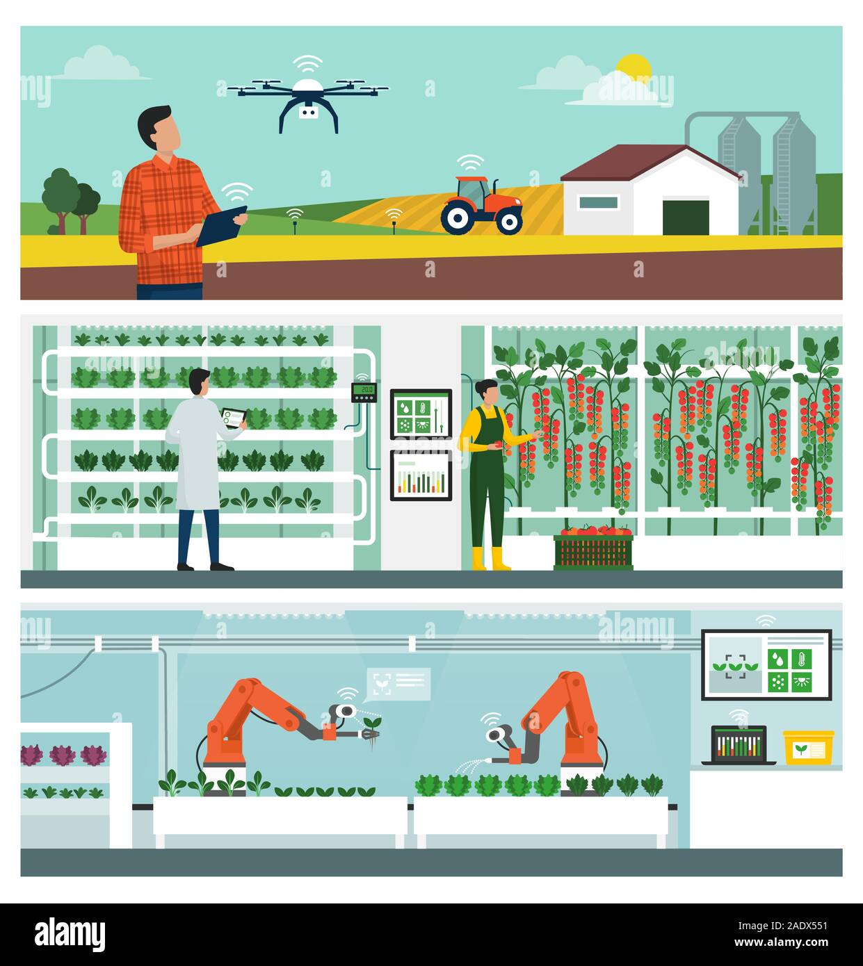 L'agriculture et la technologie Smart ITO : gestion de l'exploitation industrielle, l'agriculture hydroponique verticale et récolter des plantes robots autonomes Illustration de Vecteur