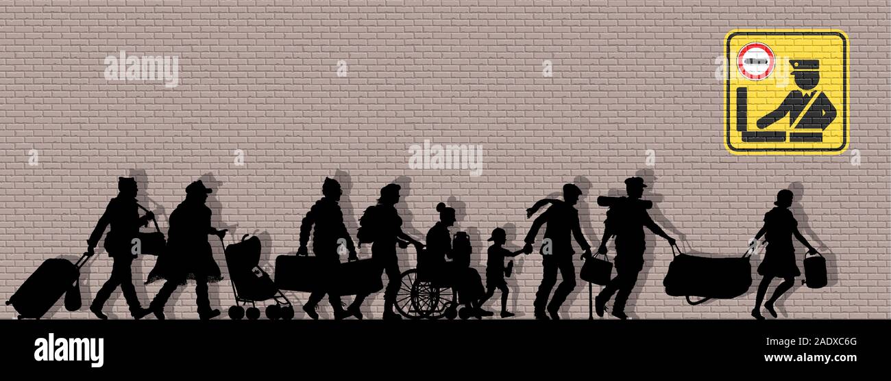 Les immigrants silhouette devant un mur de briques. La silhouette des objets et l'arrière-plan sont dans des couches différentes. Illustration de Vecteur