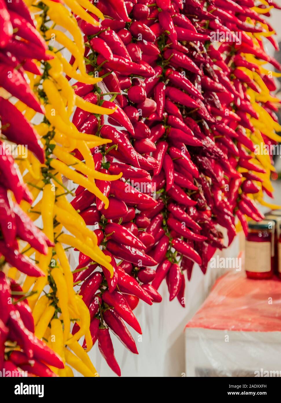 Grappes de piments accroché au mur pour sécher Banque D'Images