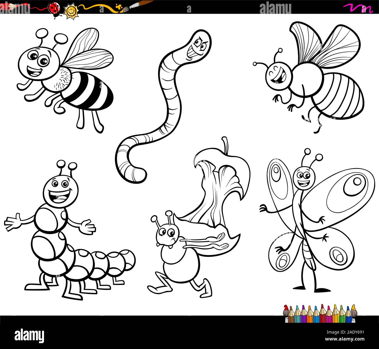 Cartoon noir et blanc Illustration de Funny Animal Insectes Jeu de caractères Page à colorier Illustration de Vecteur