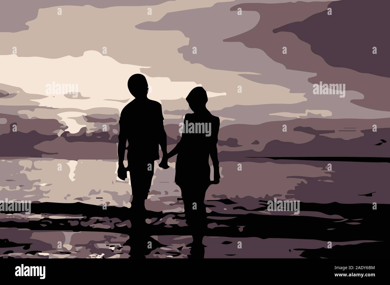 Paysage du soir. Silhouette d'un jeune homme et une jeune fille sur la rive du fleuve contre le coucher du soleil Illustration de Vecteur