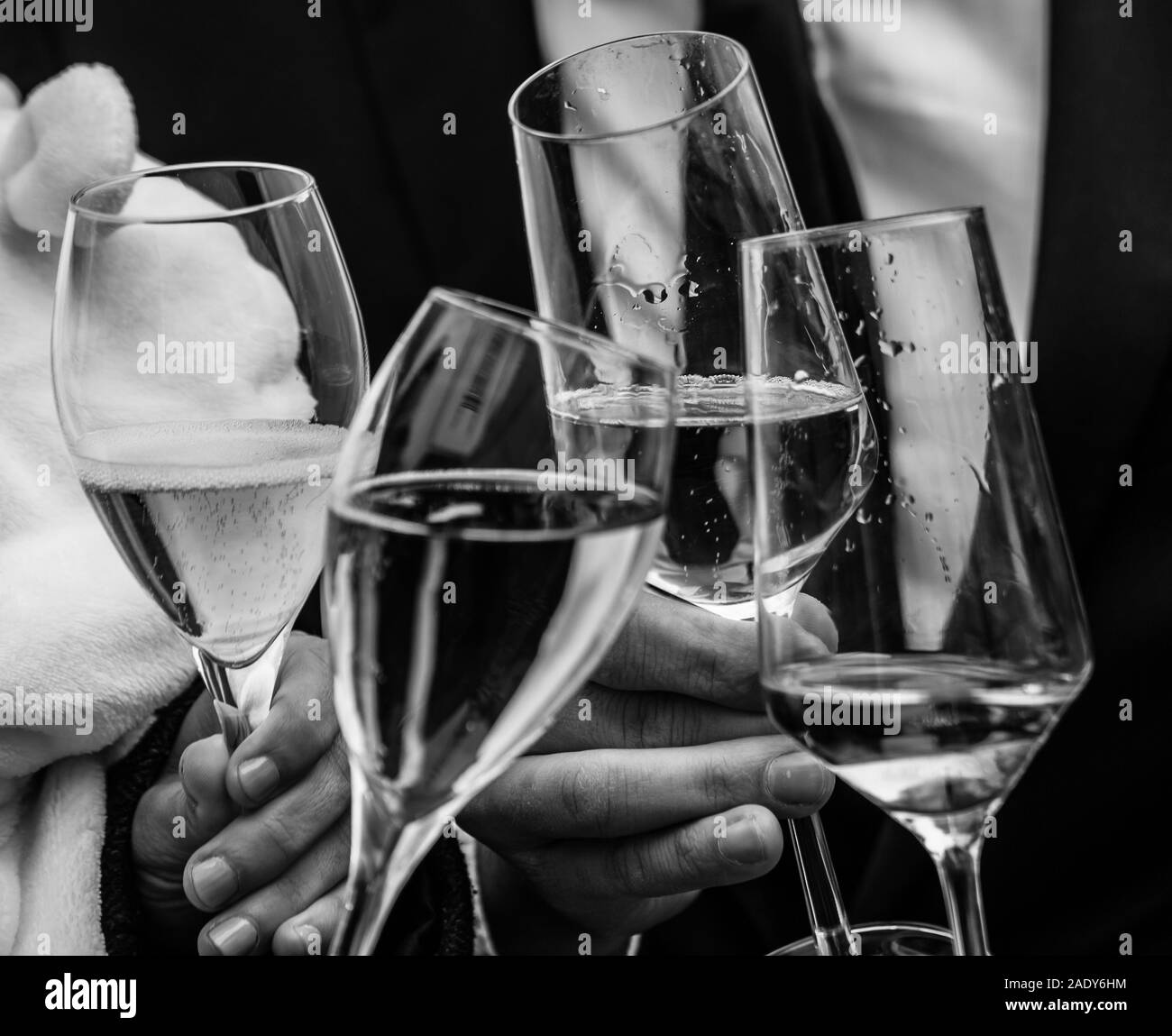 Le tintement des verres de vin mousseux pour la célébration d'un mariage en noir et blanc. homme et femme mains visibles. Banque D'Images