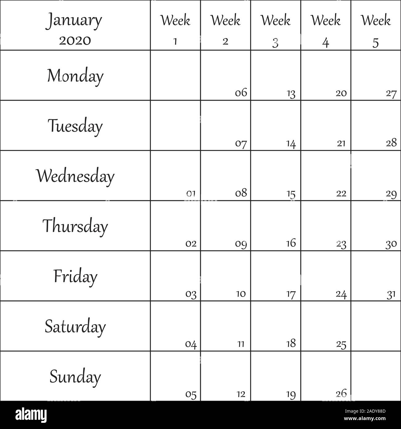 Janvier 2020 Planner avec nombre pour chaque faiblesse noir sur fond transparent Illustration de Vecteur