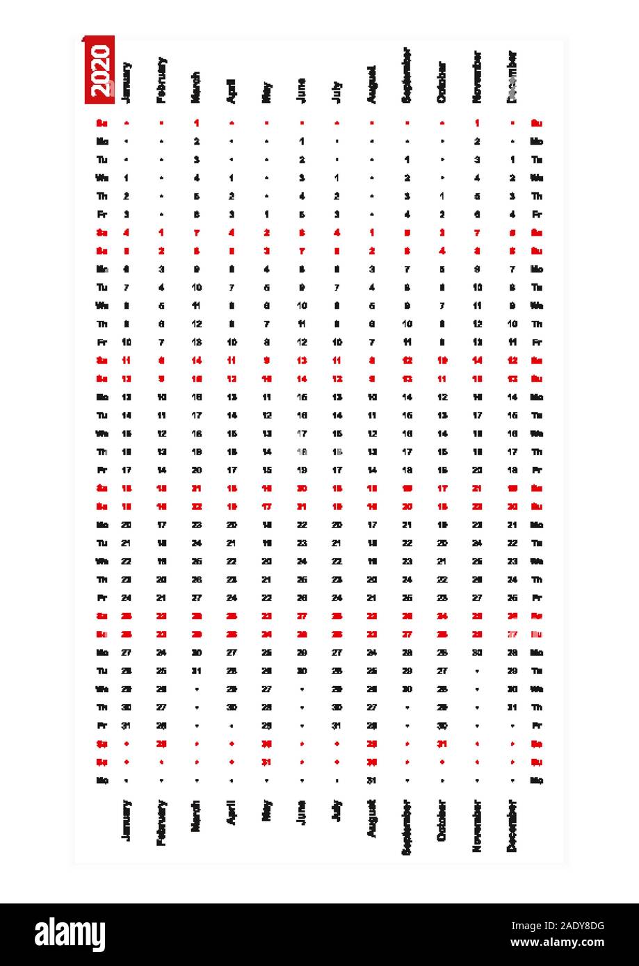 Une ligne calendrier 2020 vertical, dimanche premier jour de la semaine. Calendrier de vecteur. Illustration de Vecteur
