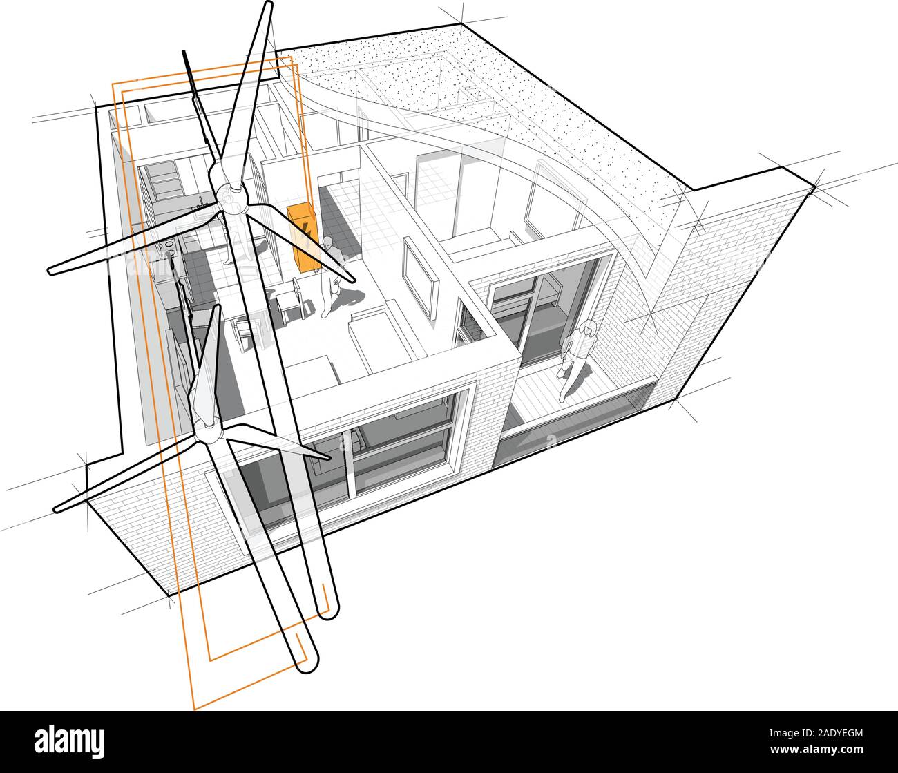 Schéma en coupe de la perspective d'un appartement d'une chambre à coucher entièrement meublé avec vue en coupe toit plat à l'aide d'éoliennes comme source de bouilloire en Illustration de Vecteur