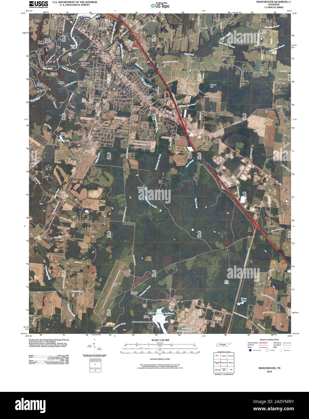 Carte TOPO USGS Tennessee TN Manchester 20100506 Restauration TM Banque D'Images