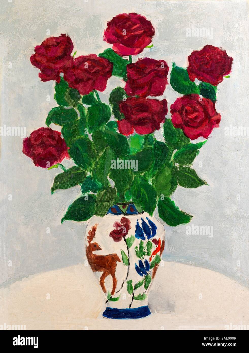 Vintage peinture à l'huile de roses rouges bouquet dans un vase. Banque D'Images