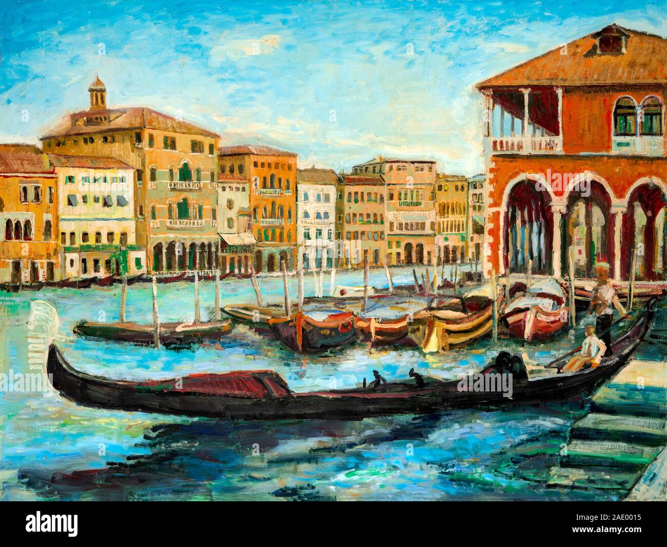 Une peinture à l'huile gondoles vénitiennes, célèbres bateaux attendent les touristes sur le Grand canal à Venise, Italie. Banque D'Images