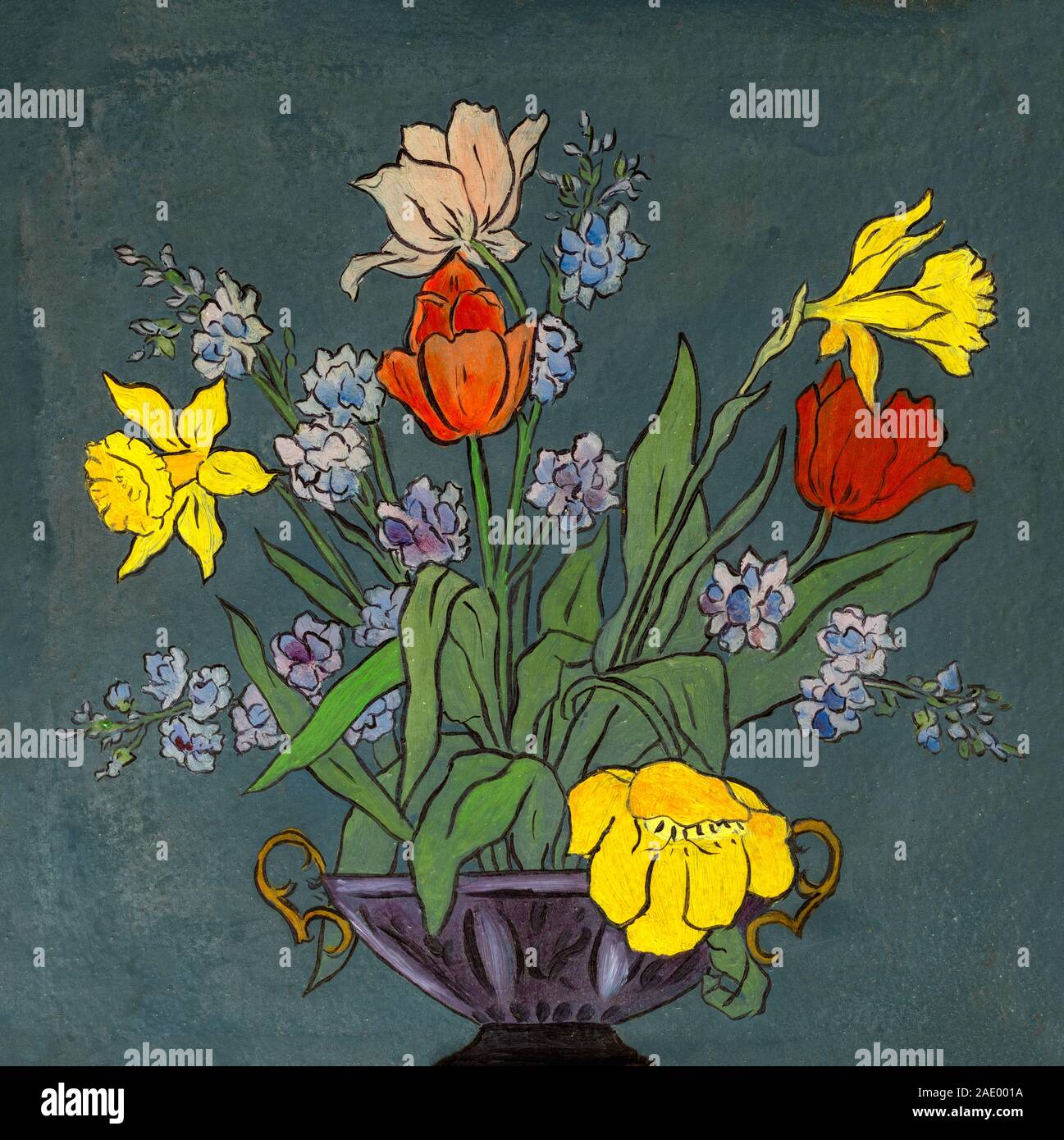 Vintage de peinture à l'huile fleurs colorées dans un vase. Banque D'Images