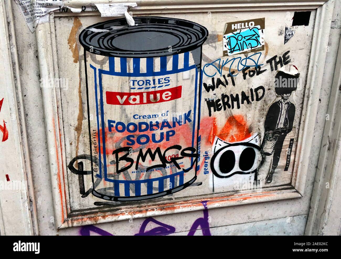 Les valeurs des conservateurs, conservateurs de soupe crème comptoir alimentaire, graffiti, pochoir poster papier Londres - Parodie d'une boîte de soupe Foodback par @GeorgieArtist Banque D'Images