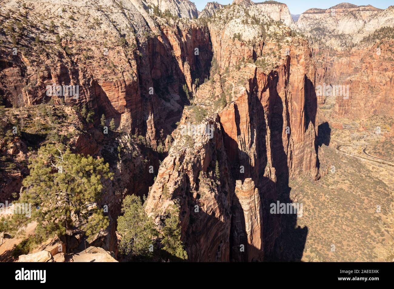 Angel's Landing Trail dans le parc national de Zion dans l'Utah. Négliger de l'extrémité de la piste retour sur une journée ensoleillée à la section dangereuse. Banque D'Images