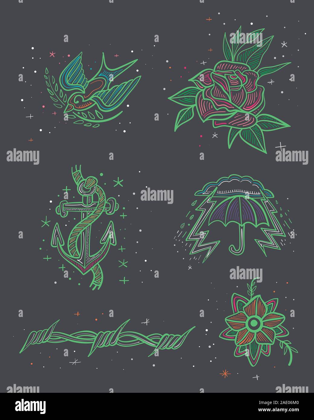 Hand drawn vector illustration ou dessin de certains motifs de tatouage de style old school Illustration de Vecteur