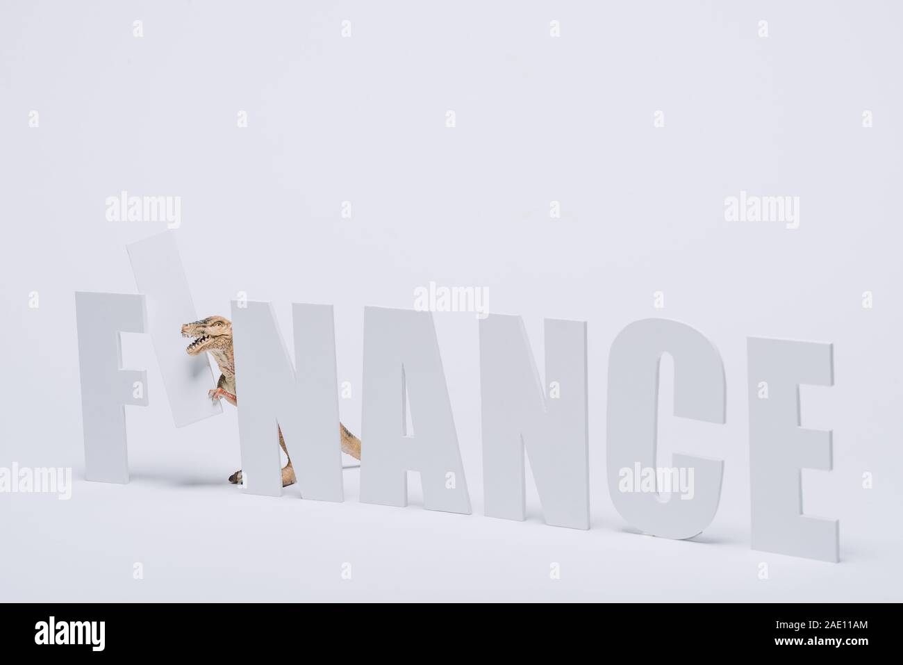 Dinosaure jouet avec finances mot sur fond gris Banque D'Images