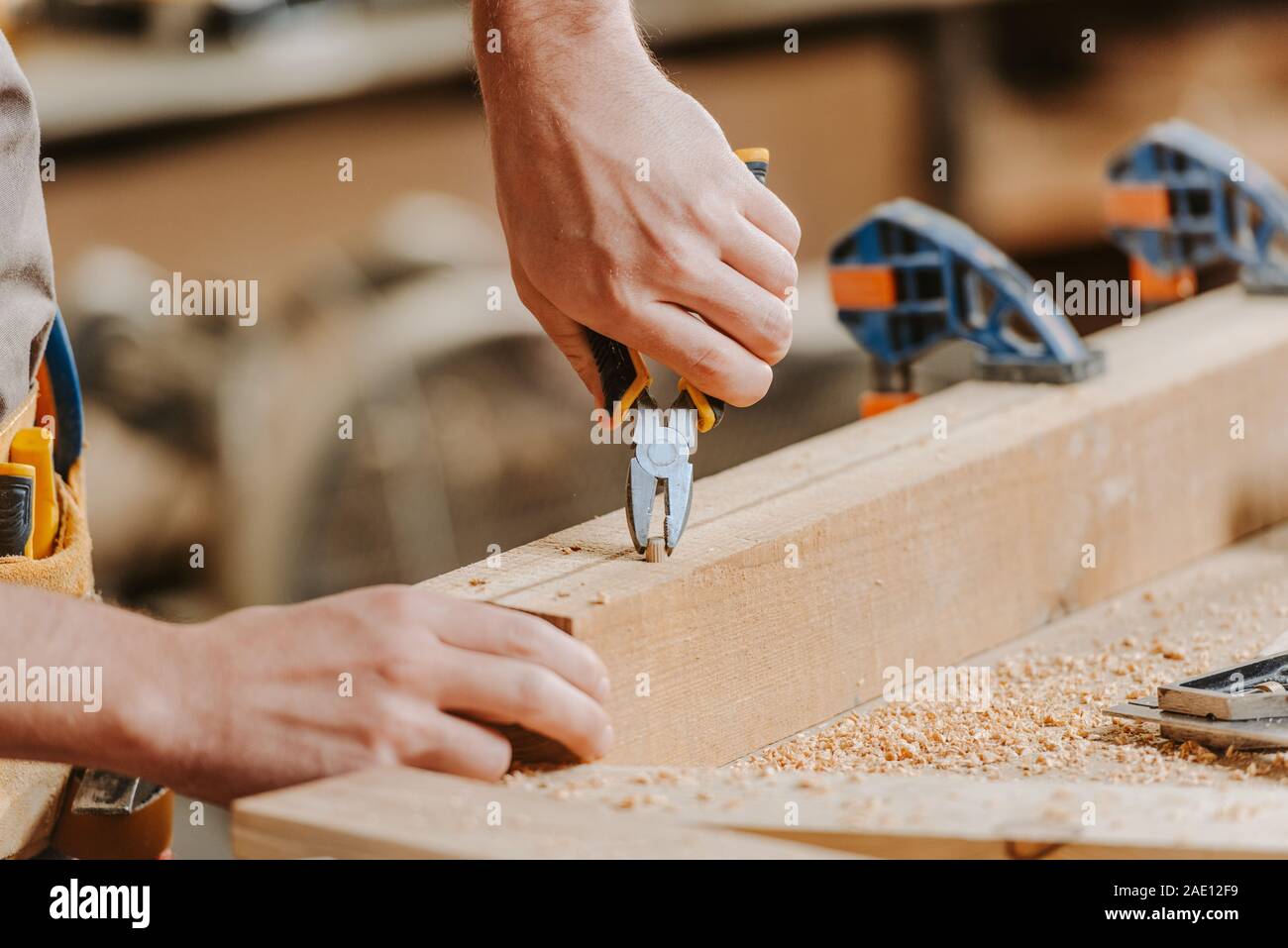 Portrait de carpenter holding pinces près de cheville en bois Banque D'Images