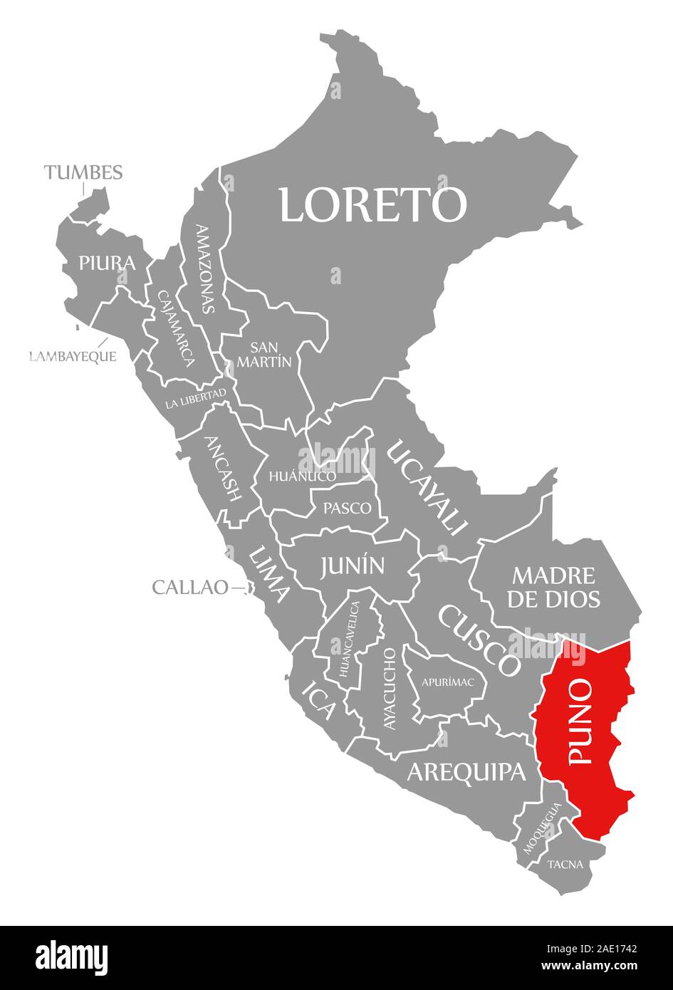Puno en évidence dans la carte rouge du Pérou Banque D'Images