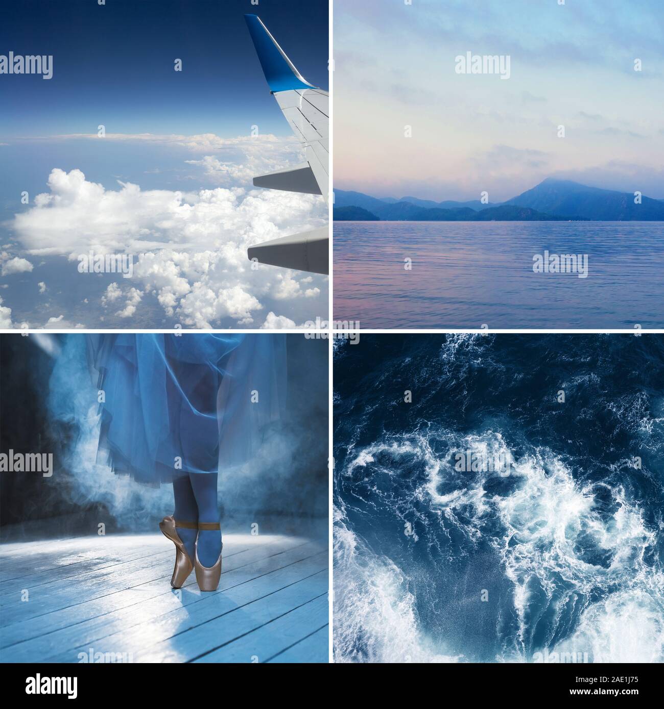 Collage composé de quatre photos de la vie quotidienne où la couleur bleue qui prévaut. Arrière-plans pour le design. La couleur tendance de 2020. Banque D'Images