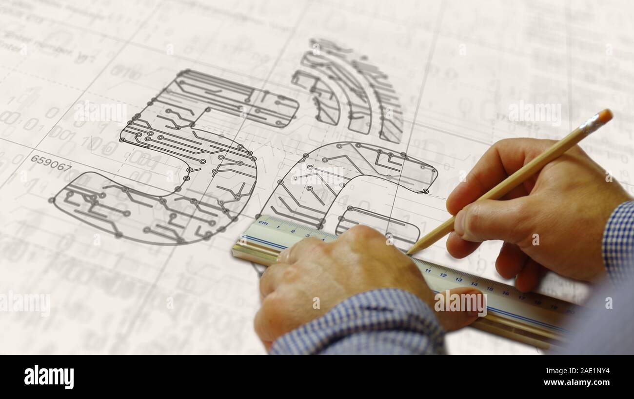 Projet de réseau mobile 5G de la création. Concept abstrait de l'IOT, téléphone, connection et de la communication 3d illustration. Schéma numérique Dessin li Banque D'Images