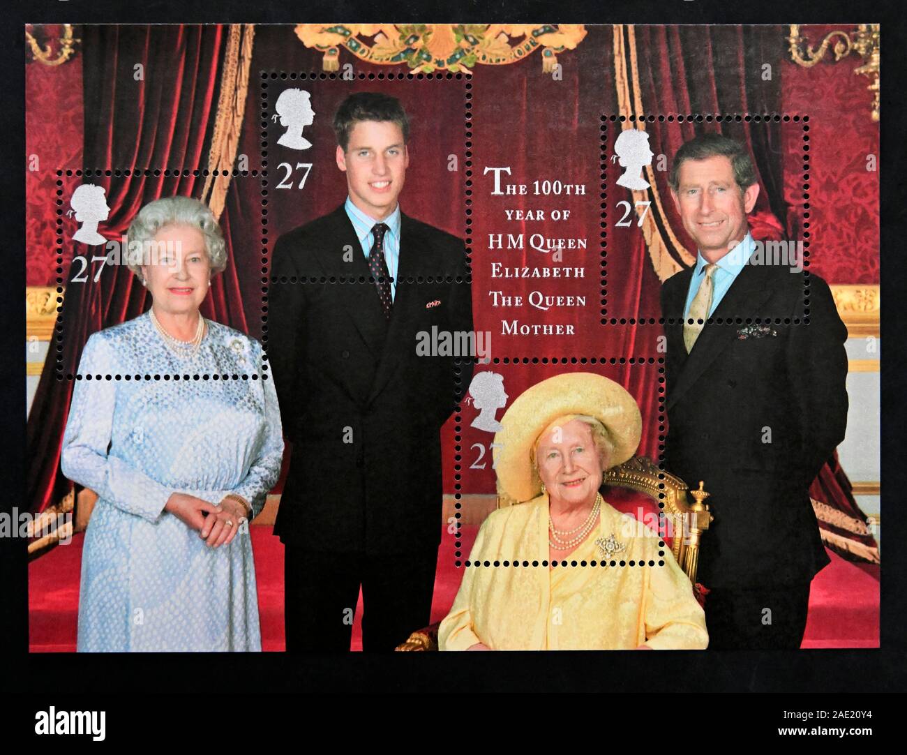Timbre-poste. La Grande-Bretagne. La reine Elizabeth II. La 100ème année de Sa Majesté la reine Elizabeth la reine mère. Feuille miniature. Banque D'Images
