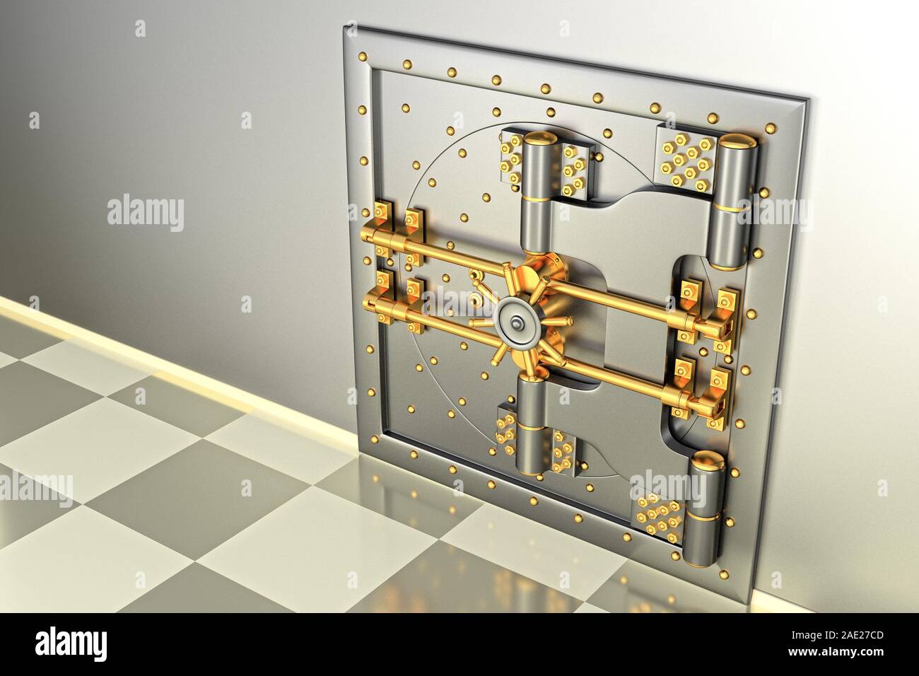 Vue avant de la lumière or bank vault, porte fermée. La porte de la chambre forte avec beaucoup de mécanismes secrets et mots de passe. 3D Render Banque D'Images