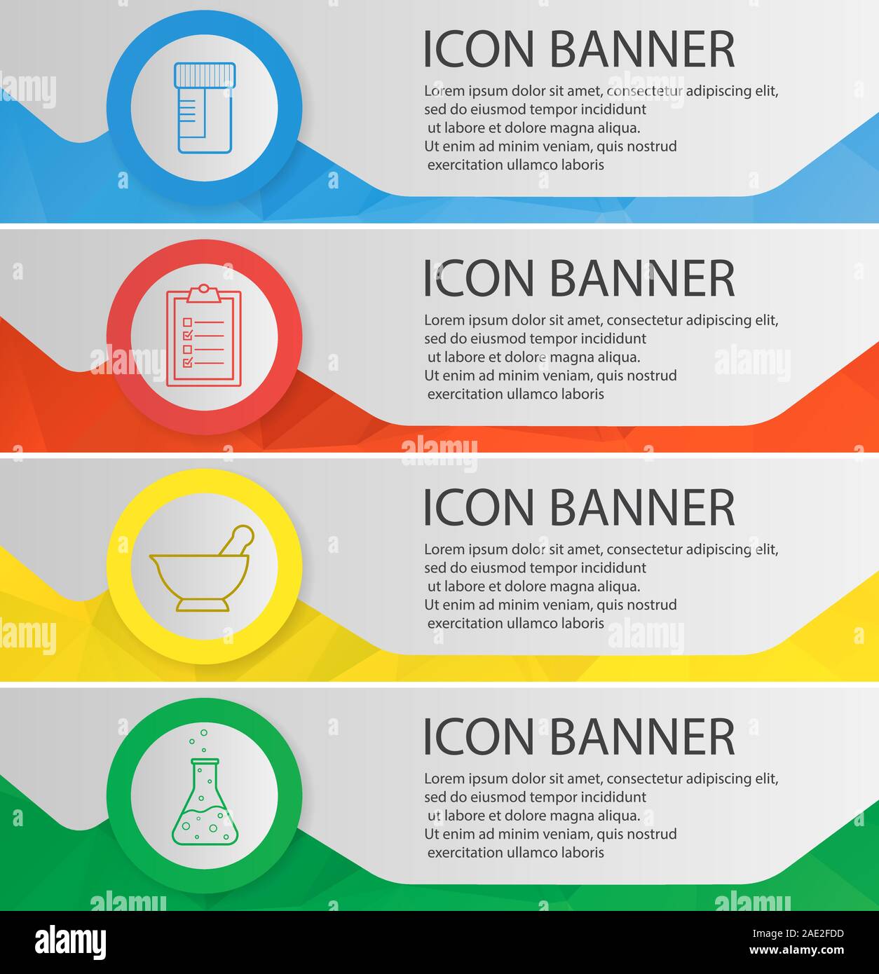 Laboratoire Médical Modèles de page définie. Presse-papiers, mortier et pilon, bécher, examens médicaux site jar des entrées de menu avec icônes linéaire. Web polygonal couleur ba Illustration de Vecteur