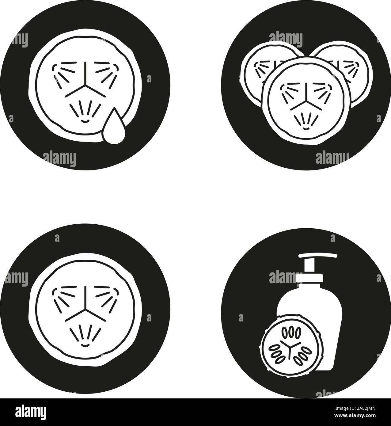 Le concombre en cosmétologie icons set. Tranches de concombre avec la goutte de jus, masque du visage. Vector silhouettes blanc illustrations de cercles noirs Illustration de Vecteur
