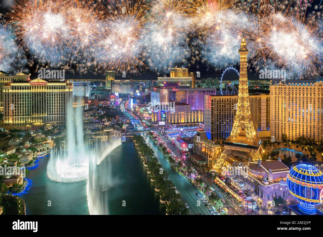 Nouvel An fête feu d'artifice le Strip de Las Vegas, Nevada, USA. Banque D'Images