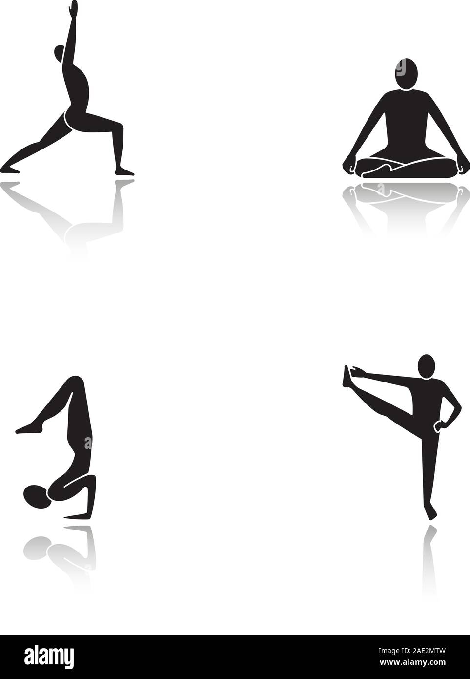 Les asanas de yoga noir ombre portée icons set. Virabhadrasana, siddhasana, vrishchikasana, utthita hasta padangusthasana les positions de yoga. Mauvais vecteur isolé Illustration de Vecteur
