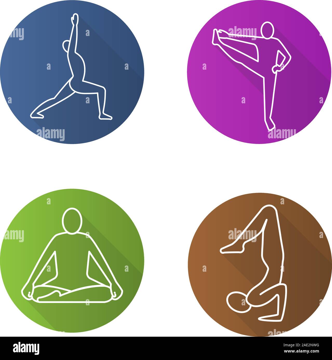 Asanas linéaire plat long shadow icons set. Virabhadrasana, siddhasana, vrishchikasana, utthita hasta padangusthasana les positions de yoga. Ligne vectorielle j Illustration de Vecteur