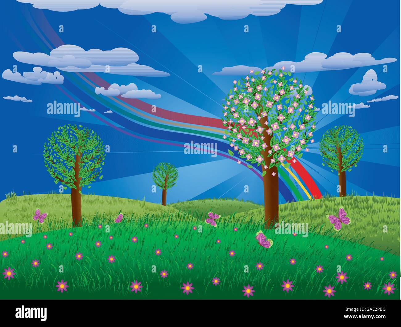 Paysage de fantaisie avec fleurs, arbres en fleurs sur la pelouse et les papillons colorés. Illustration de Vecteur
