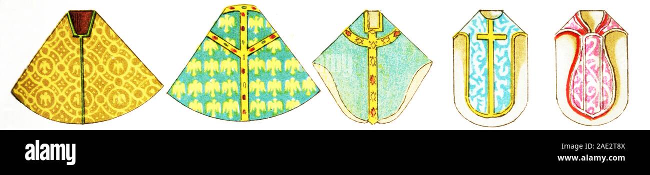 Illustré dans cette image sont une variété de costumes ecclésiastiques liés à l'Église chrétienne. Ils sont, de gauche à droite : chausable du 10ième siècle, à partir de 11e siècle, chausable chausable de 14e siècle, 15e siècle, de chausable chausable à partir de 1880. L'illustration dates à 1882. Banque D'Images