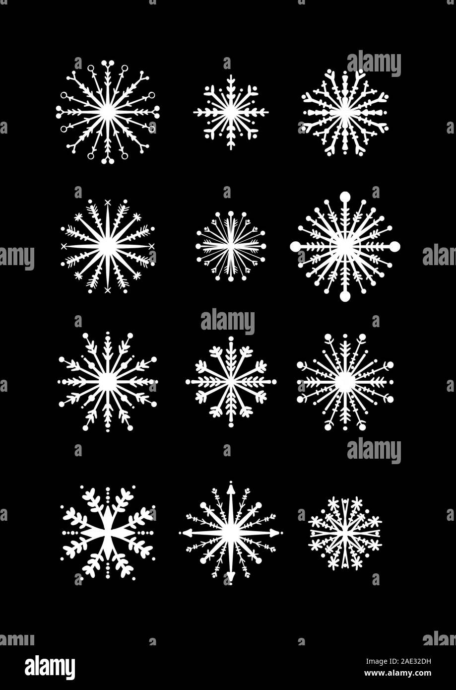 D'un simple ensemble de flocons blanc isolé sur fond noir. Graphique, illustration. Éléments d'hiver. Banque D'Images