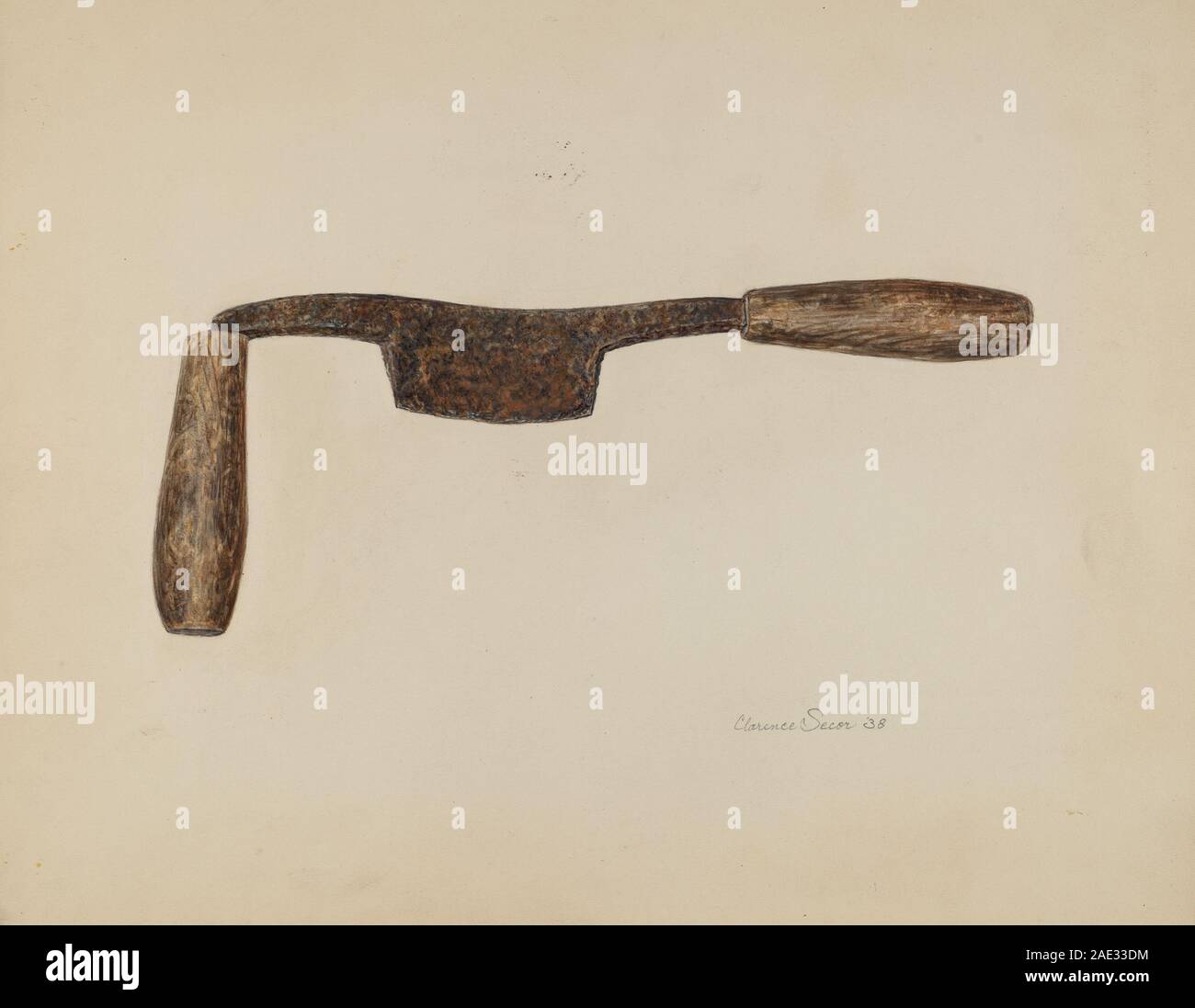 Un couteau à bois de 1938 composé d'une lame droite avec des poignées aux deux extrémités, utilisé pour le rasage et le façonnage du bois. L'outil est doté d'une arête de coupe en métal et de poignées en bois conçues pour des mouvements de traction contrôlés. Banque D'Images