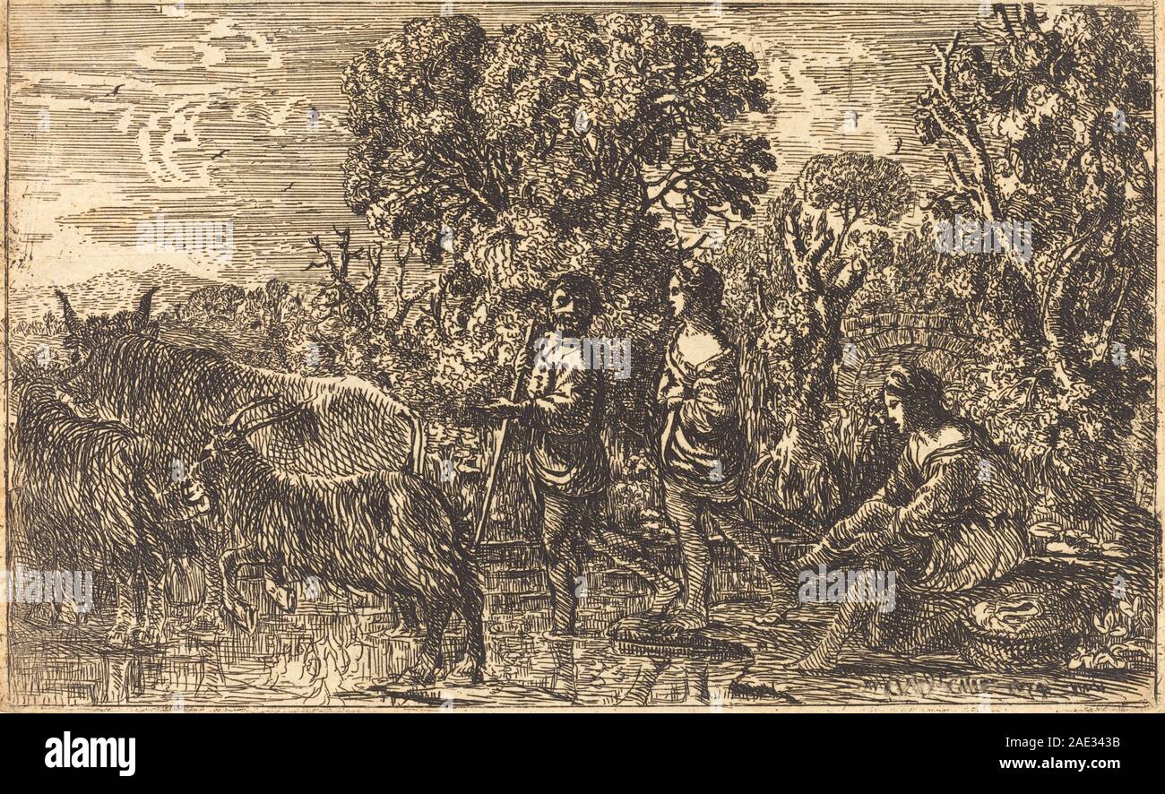 Peinture de paysage de Claude Lorrain de 1634 représentant un gué de rivière avec des figures se croisant, des arbres environnants et des collines lointaines dans une composition classique. Banque D'Images