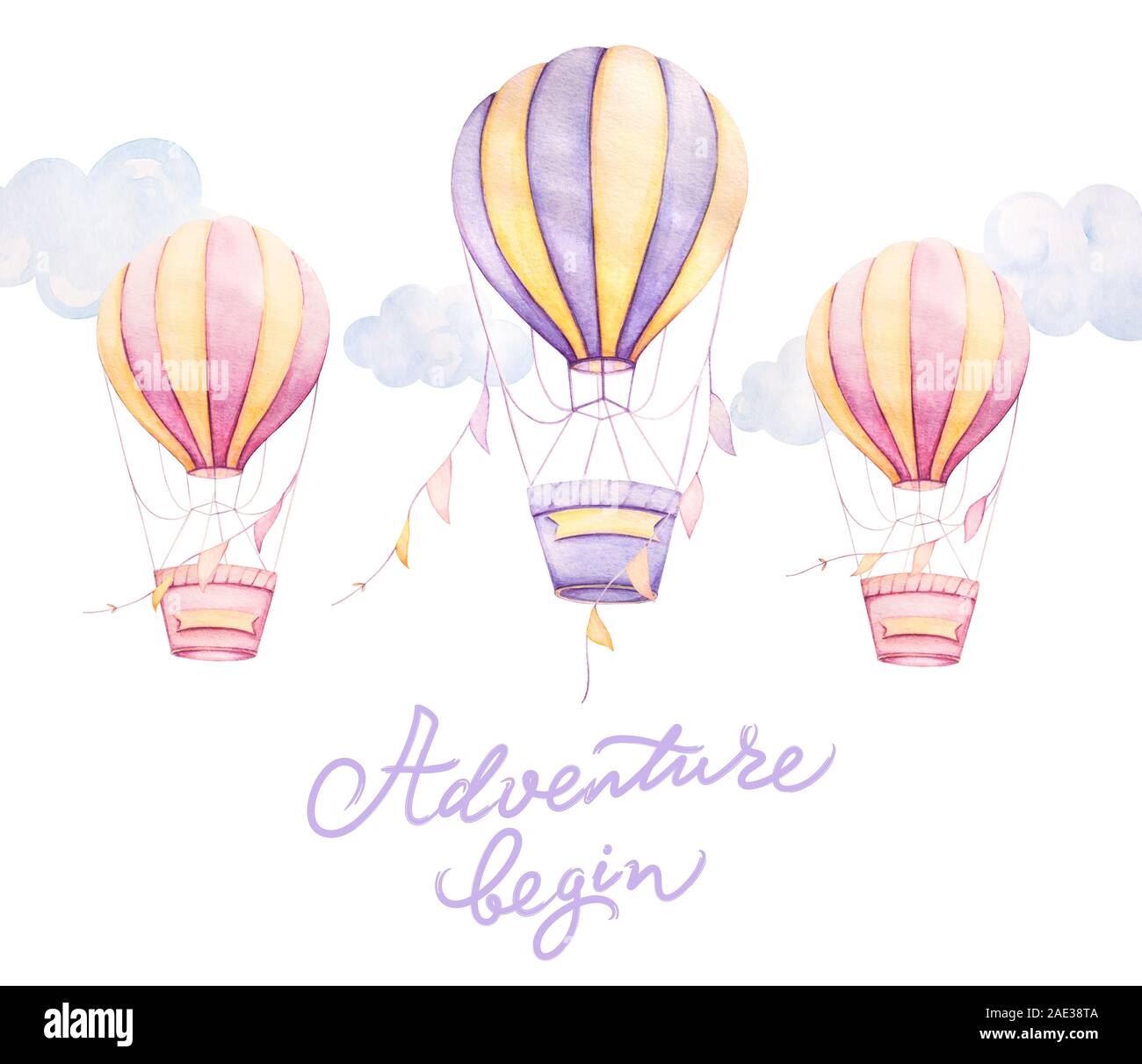 Aventure commence. Colorful ballons flying in sky, des nuages, des rubans. Le lettrage. Les enfants s'imprime. Cadeaux art nouveau-né. Des murs pépinière bébé Aquarelle cli Banque D'Images