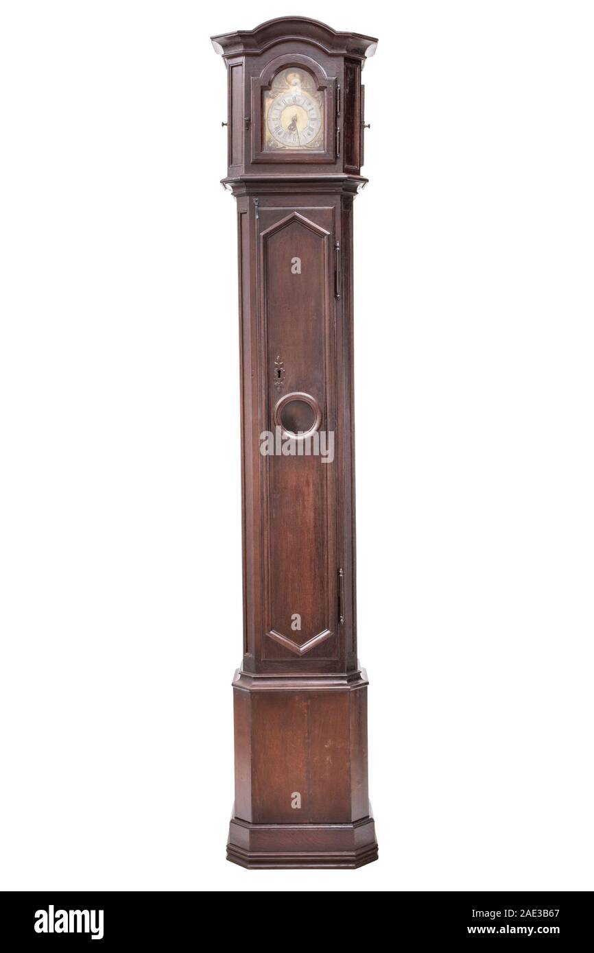 Tambour Antique horloge grand-père tête isolé sur un fond blanc. Banque D'Images