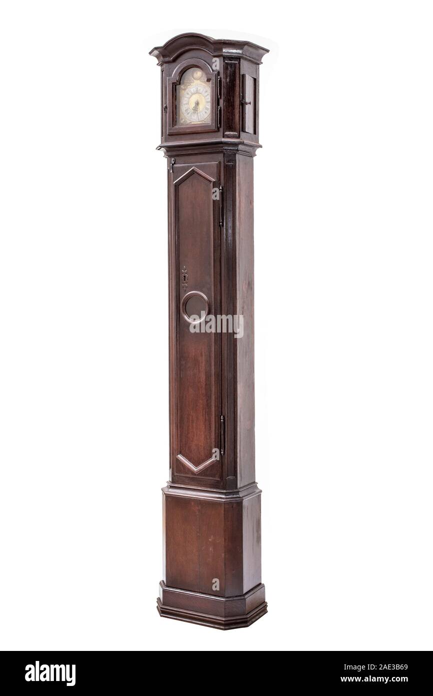 Tambour Antique horloge grand-père tête isolé sur un fond blanc. Banque D'Images