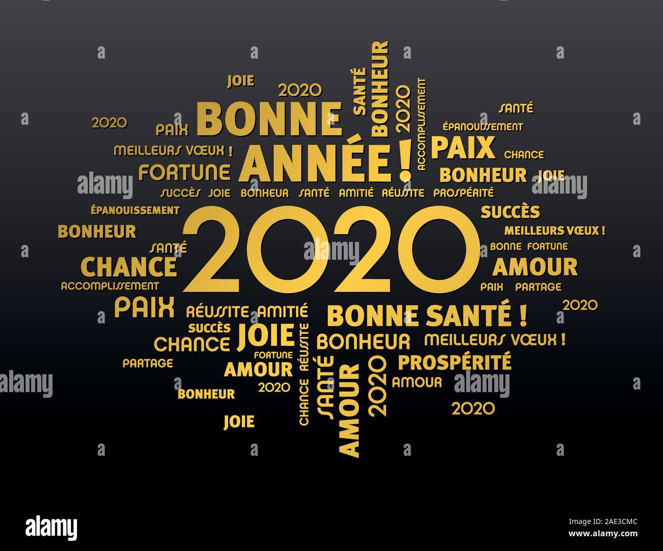 Mots d'accueil de l'or autour de nouvelle année 2020, date en langue française, sur fond noir Illustration de Vecteur