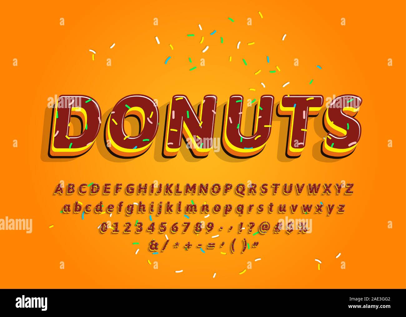 Beignets à la main avec alphabet décoratif topping de couleur. Cartoon sweet lettres et chiffres. Vector Illustration de Vecteur