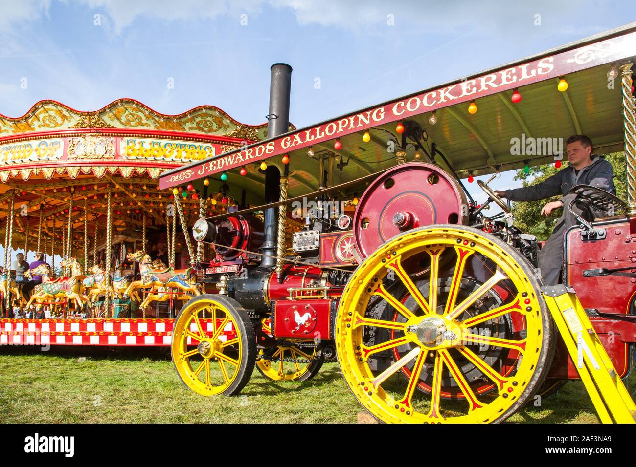 Vintage carousal à vapeur avec dadas étant entraînée par un moteur de traction à vapeur d'époque au Malpas Cheshire rallye d'antan Banque D'Images