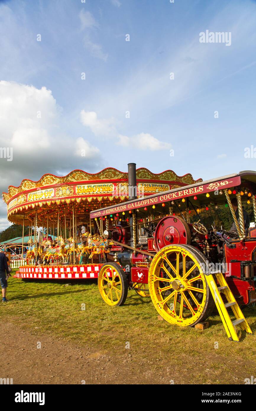 Vintage carousal à vapeur avec dadas étant entraînée par un moteur de traction à vapeur d'époque au Malpas Cheshire rallye d'antan Banque D'Images